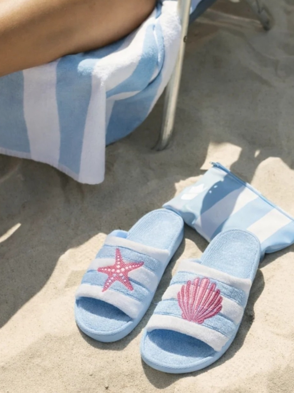 Light Blue Women's Slide Slippers with Pink Seashell & Starfish Embroidery